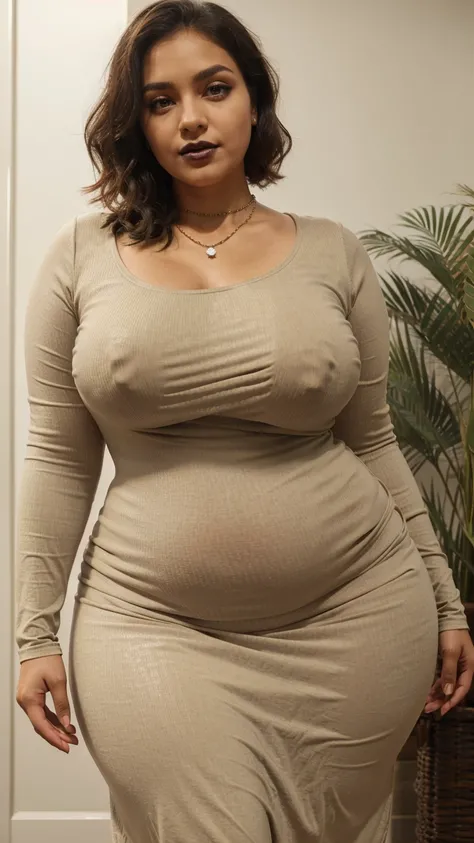 ((best quality)), ((masterpiece)), (detailed), Beautiful face, Indian gorgeous woman, ((wearing a Long Sleeve Round neck ,khaki T-shirt Maxi ((Tight)) Dress,)), posing in lift , chubby, ((wavy short hair)) , she has a jiggly fat round belly, bbw chan, ((we...