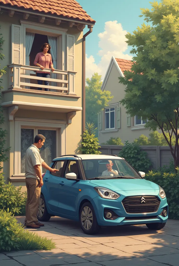 A man walking through his car while his wife watching from their apartment.