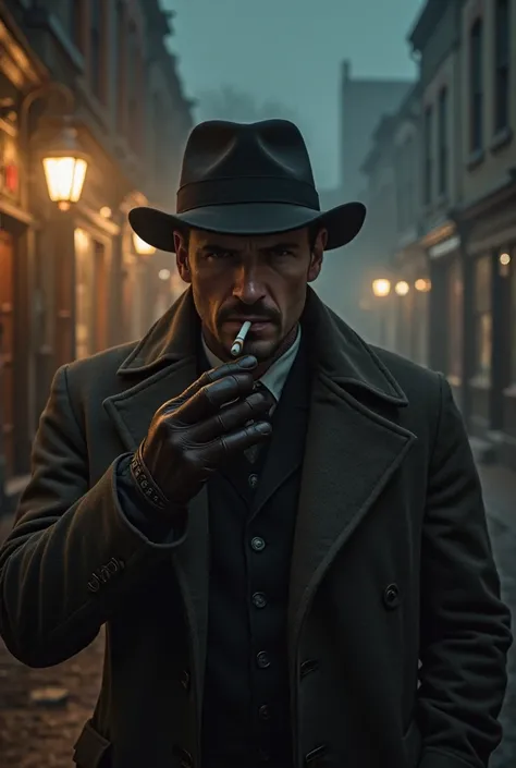 "An ultra-realistic point-of-view image (throw), capturing the first-person perspective of a member of the Peaky Blinders, standing in front of a seasonal bar. The character is smoking a cigarette, with visible leather gloves, and the cigarette burning bet...