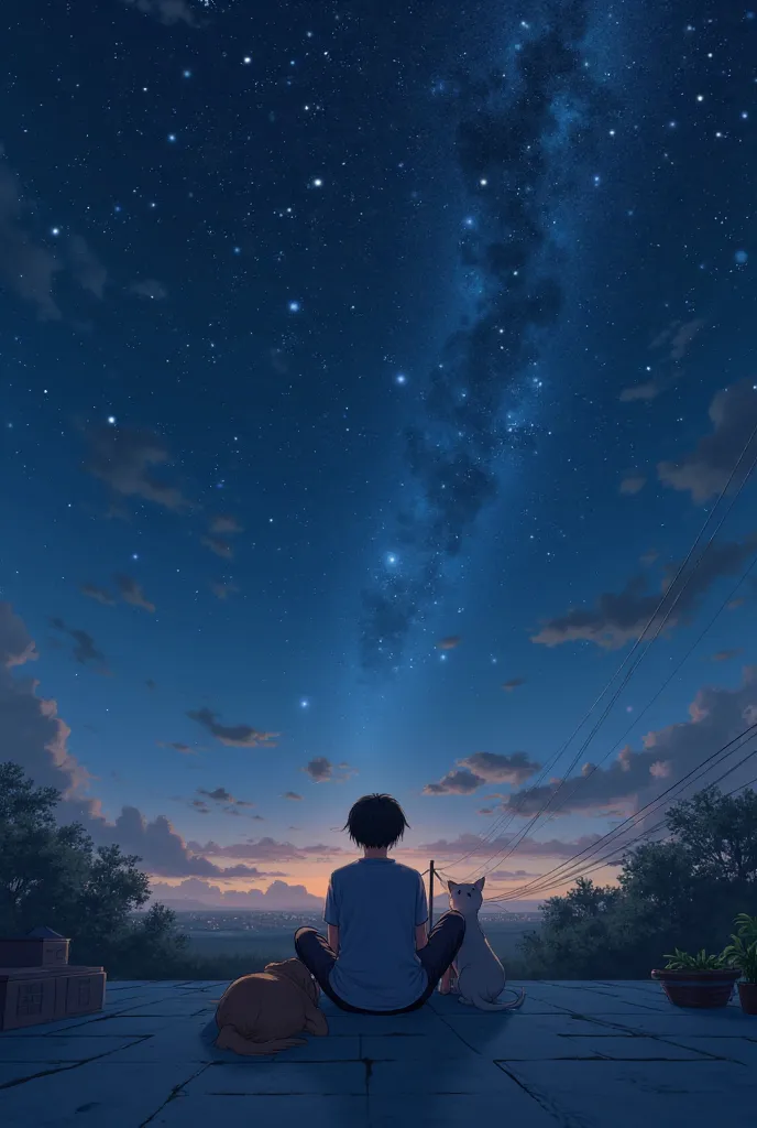 The  sits on the roof with the dog watching the stars
