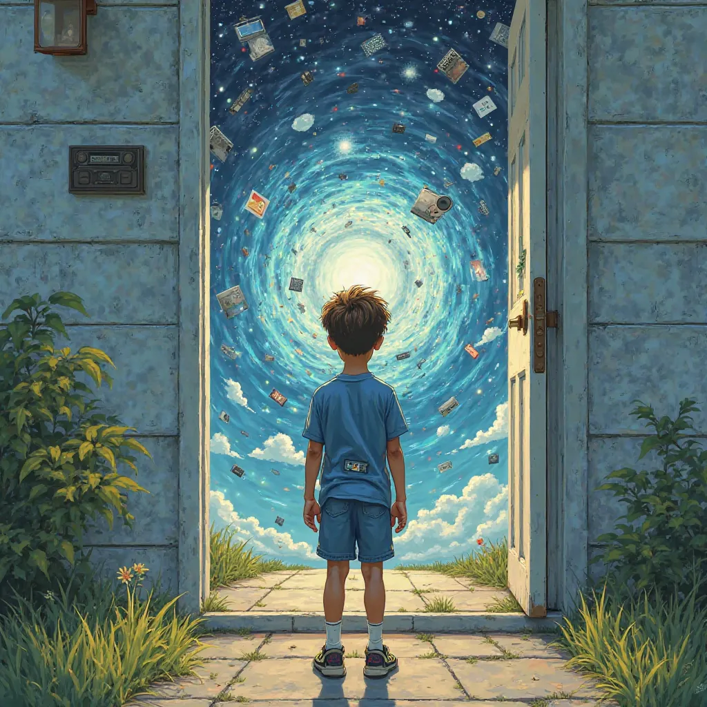 

The boy stands at the threshold of his house, his back to the viewer, wearing his usual outfit— a blue shirt and shorts. He gazes intently at the vortex before him, a swirling, mysterious force that pulls in memories from the past. The vortex is filled w...