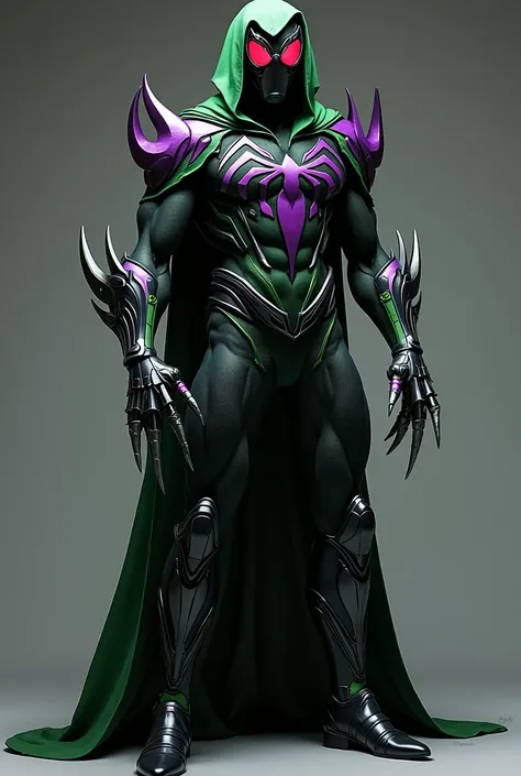 ):

“A powerful and menacing superhero suit for Goblin Shadow, combining elements of Green Goblin and Spider-Man’s design. The suit has a dark green and purple color scheme, with sleek black and metallic accents. The base of the suit is dark green, while t...