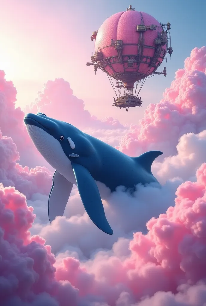 Dreamscape, rich detaiks andimagination, fantasy and dreamy atmosphere on pink cloud, a lrage blue whale dive upon cloud, a flying ballon ship air craft flyingbti thecsjy cuty, final fantasy theme.