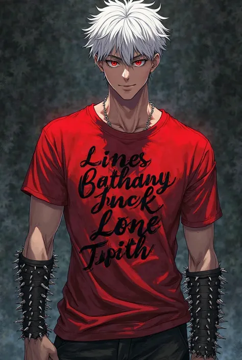 Make an image of a tall anime boy, white haired, red eyes,  pale skin, Strong red t-shirt with cursive rock lyrics, and black bracelets on the wrists with spikes.