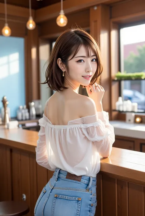 (Character)
Back view of a Japanese woman in her 20s, natural brown hair color,short hair, shaggy,anatomically correct,anatomically correct,
(clothing)sheer material off-shoulder blouse,
(action)
she is wearing a cheek cane at the bar counter.
is smiling, ...