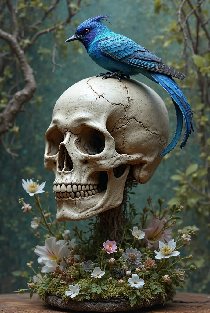 Clay skull with blue bird and some flora on the skull