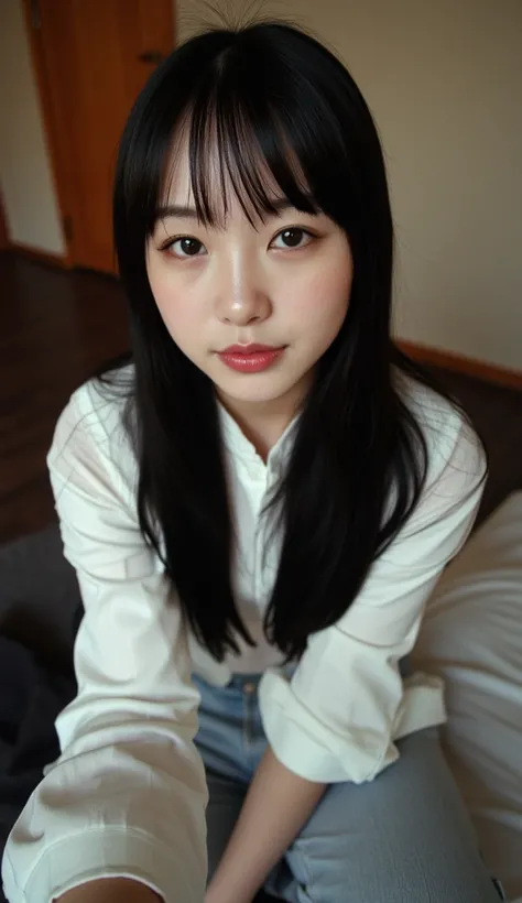 , 1 girl , Selfie, from side, foto tirada por uma Canon A490 (A495) , focus eyes,  Korean, smile1.0, dentes alinhado, thin , squashed eyes, big eyes,  fringe separated on the right side ,  youthful appearance , black hair  , details eyes, student ,  Iris ,...