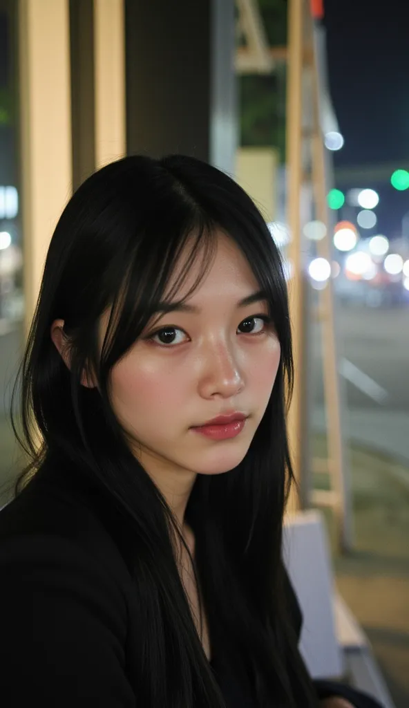 , 1 girl , Selfie, from side, foto tirada por uma Canon A490 (A495) , focus eyes,  Korean, smile1.0, dentes alinhado, thin , squashed eyes, big eyes,  fringe separated on the right side ,  youthful appearance , black hair  , details eyes, student ,  Iris ,...