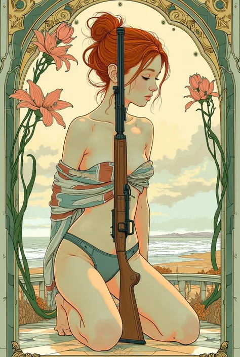 A young red-haired woman is depicted in an elegant Art Nouveau style, kneeling gracefully within a serene composition. Her fiery red hair is styled into a loose bun, with delicate strands framing her face. She is nude from the waist up, softly illuminated ...