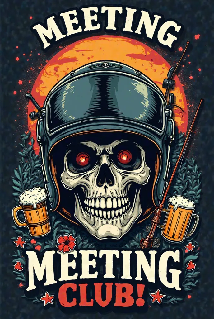 make a motorcycle club logo with: beer, scooter, fishing rod, skull and the words Meeting Motorcycle Club