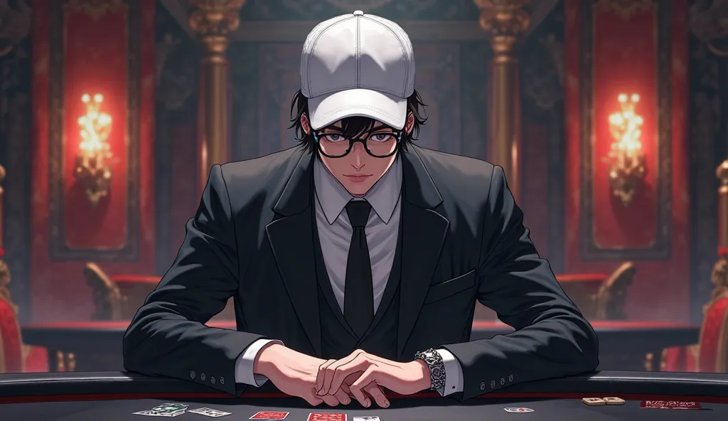 4K, anime guy in a black suit wearing a white cap with glasses, background black twilight, sitting at a gaming table, big room