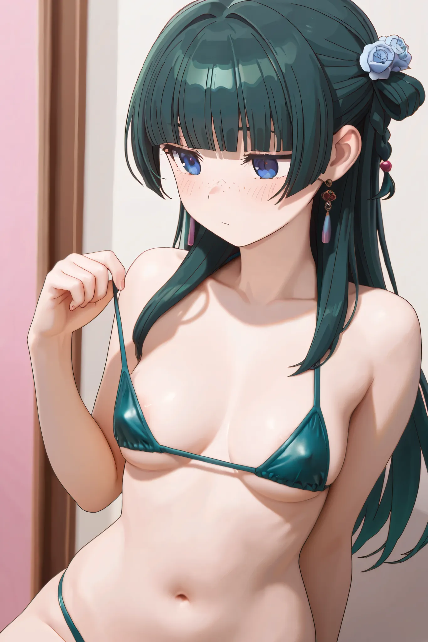 NSFW,masterpiece,Highest quality,high resolution,very detailed,Cat\( one by one person at the drugstore\),long hair、bangs、 blue eyes、hair ornaments close to the garden、 green hair、鈍いbangs、 freckles、 bun hair, single bun, normal breasts , bikini