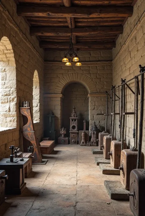 Medieval gym with weights, dumbbells and barbells without people.