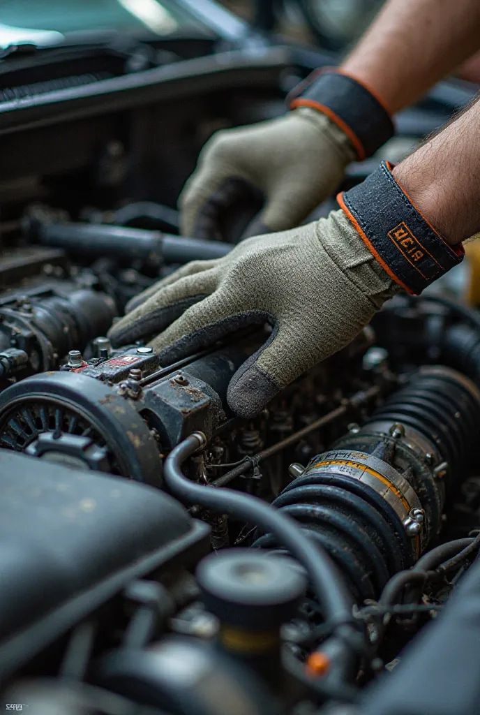 The process of working as a mechanic (Detail under the hood)

📸 Photo: A glovemaker repairs the engine, focus on hands , Engine Parts.
🎨 accent:  Tools , gloves or uniforms with orange elements.

