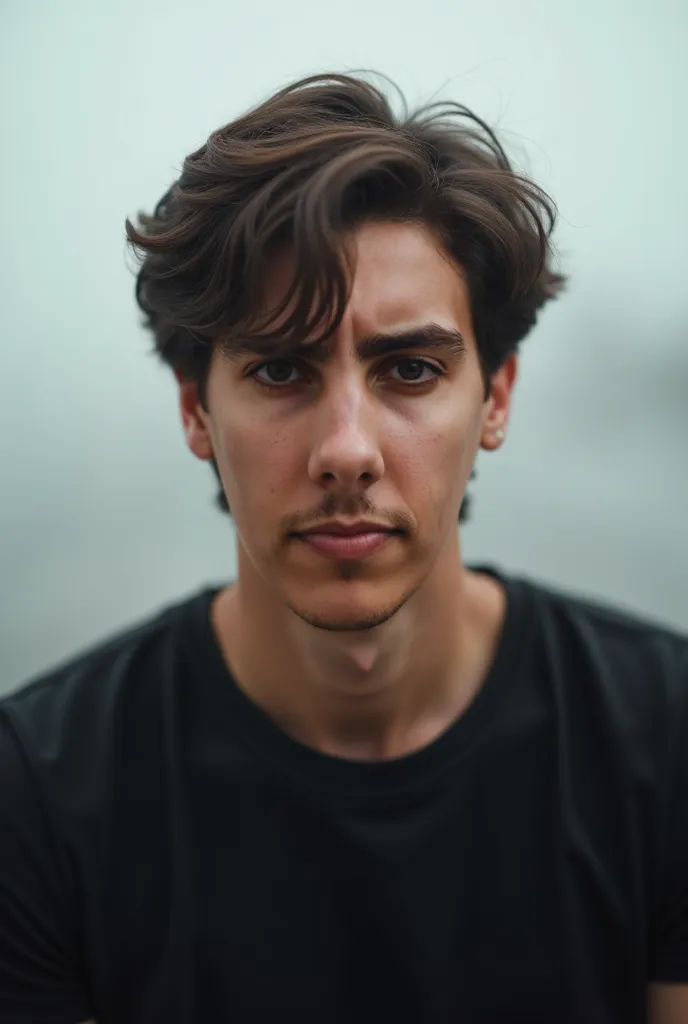 man, 30-year-old brunette, medium long black hair,  black t-shirt, blurry all-white image background.  he is facing the camera