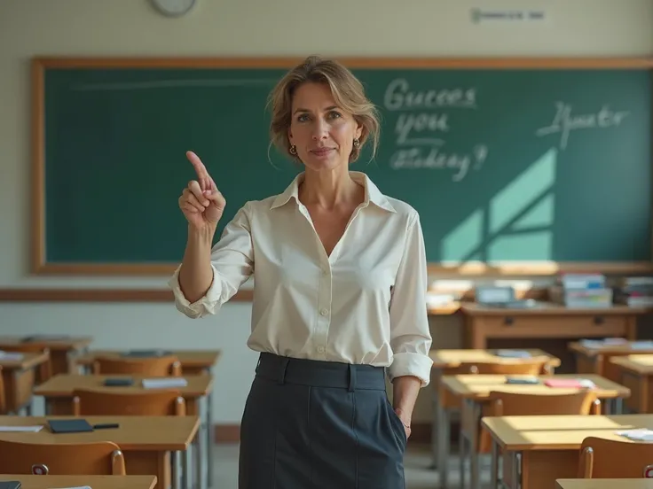 female teacher points her finger at the school board. Realistic photo