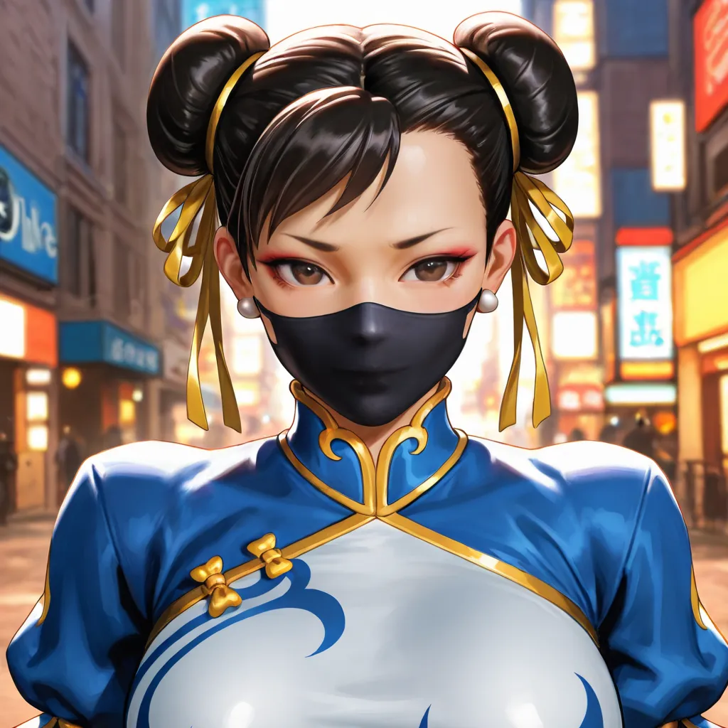  Chun Li Front View Black Mask on Face, black hair,  look happy, Game Street Fighte VI, 