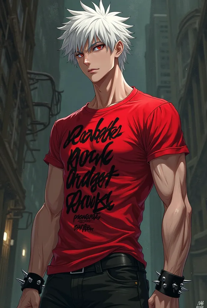 Make an image of a tall anime boy, white haired, red eyes,  pale skin, with strong red t-shirt with cursive rock lyrics, and black bracelets on the wrists with spikes.