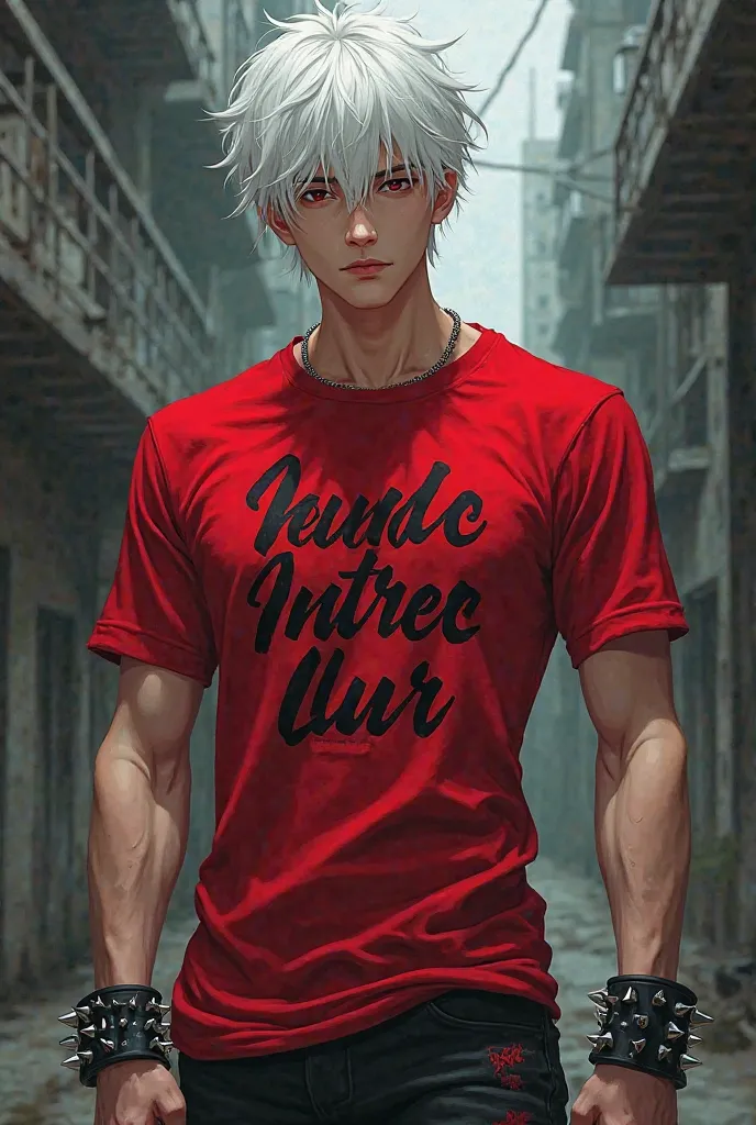 Make an image of a tall anime boy, white haired, red eyes,  pale skin, with strong red t-shirt with cursive rock lyrics, and black bracelets on the wrists with spikes.