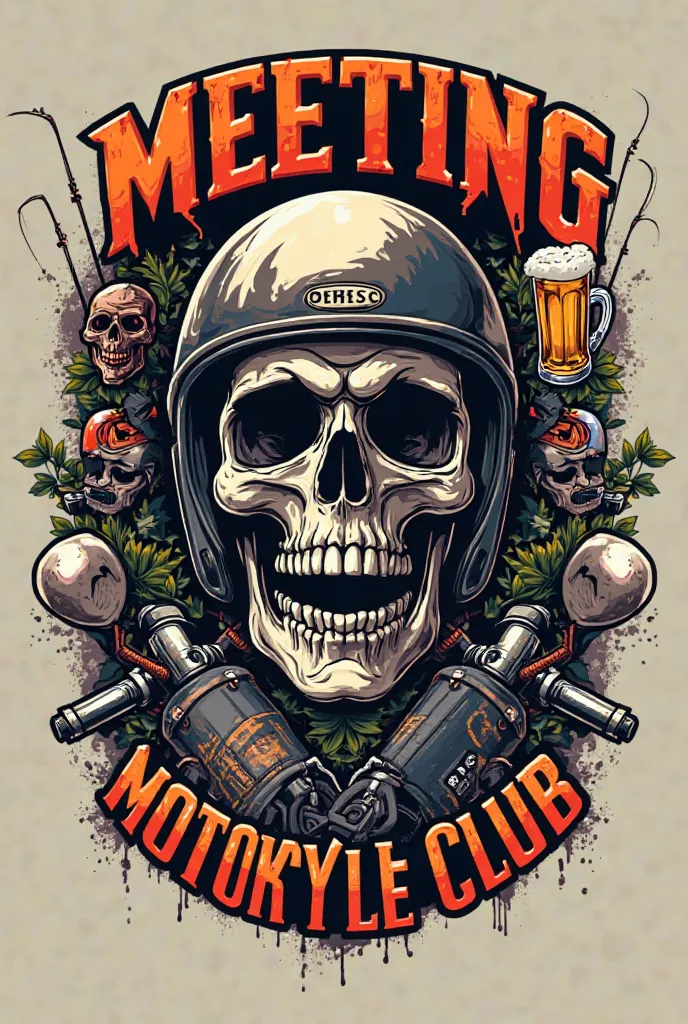 make a motorcycle club logo with: beer, scooter, fishing rod, skull and the words Meeting Motorcycle Club