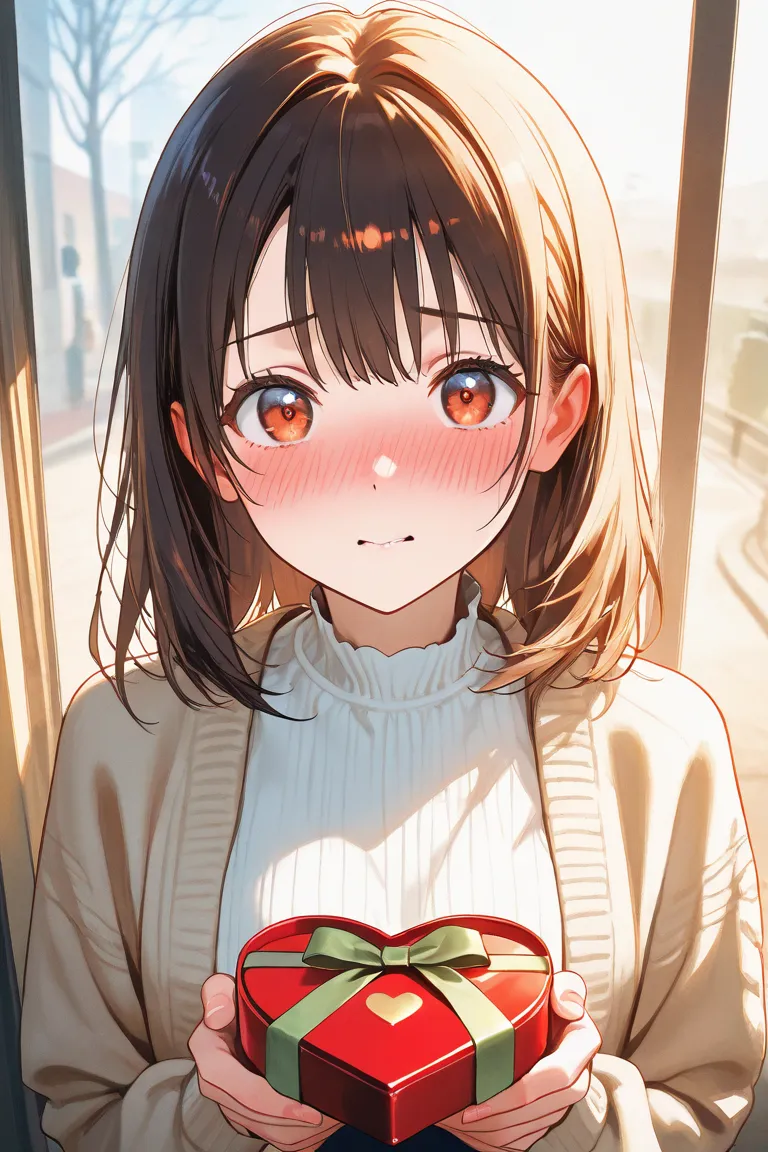 High quality texture, solo,one girl,Older sister, cute,  clear,big enough chest,Valentine's Day, chocolate, random expression, Random Location ,Confession