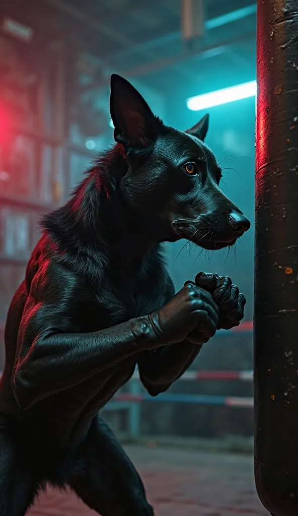 Introduction of the Black Dog: A towering black dog with a chiseled, powerful frame trains in an underground boxing ring. Shadows and neon lights illuminate its jet-black fur. Sweat drips from its brow as it practices powerful punches against a heavy bag, ...