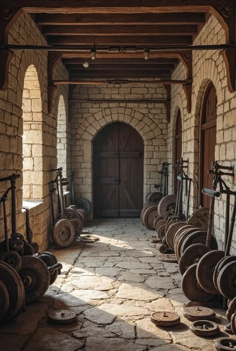 Medieval gym with weights, dumbbells and barbells without people.