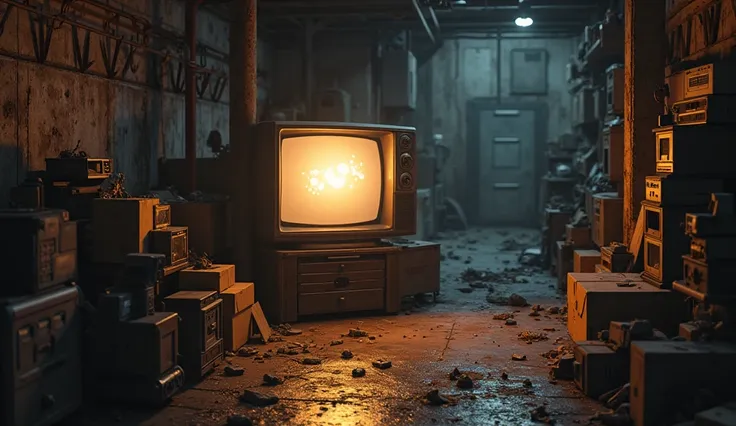 A dimly lit, cluttered basement filled with old boxes and a TV with a video game console.