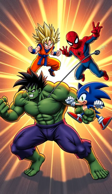 "The Ultimate Team Attack" – The final battle begins! Goku charges a Kamehameha, Hulk smashes with full force, Sonic dashes at supersonic speed, and Spider-Man traps the villain with his webs. Describe the intense action!