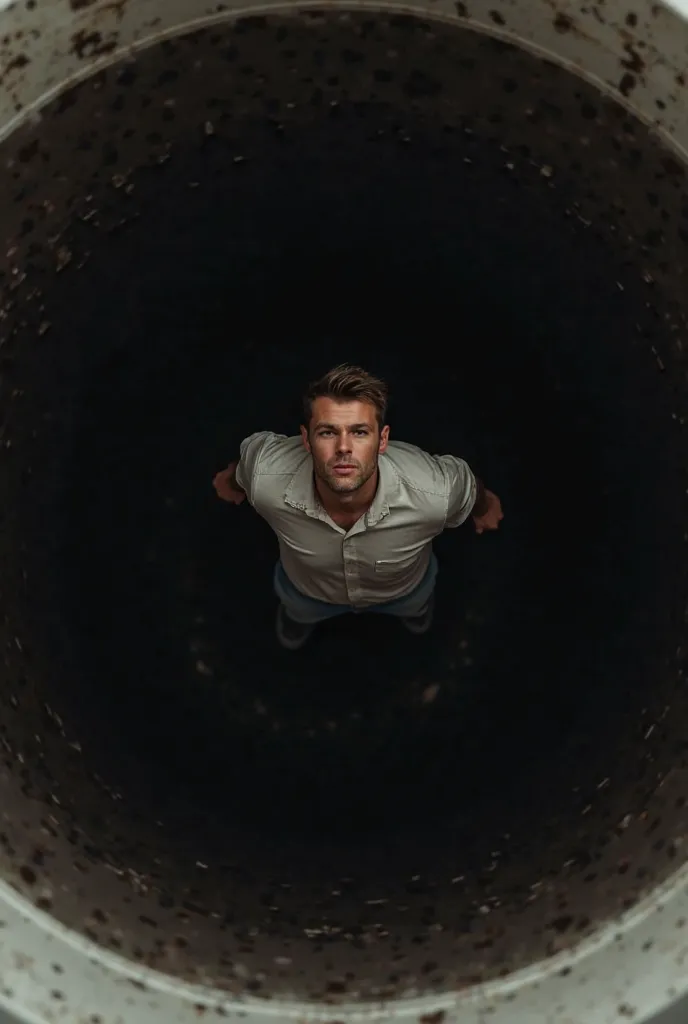 A man endlessly falling into a round black hole with a bottom. The man has a neutral or apathetic expression and his arms and legs extended almost passively, resigning himself to falling, into a metaphor for addiction.