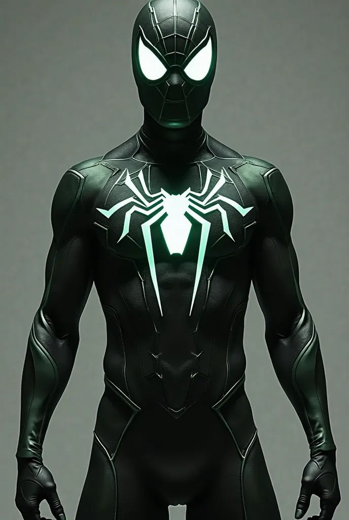   :

“A realistic version of a superhero suit after transforming back to human form. The suit is primarily black with dark green and white accents. The base of the suit is sleek and flexible, designed for agility and movement, similar to Spider-Man’s style...