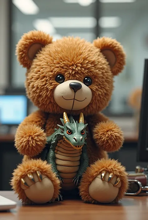 A dragon inside a cuddly teddy bear body in an office