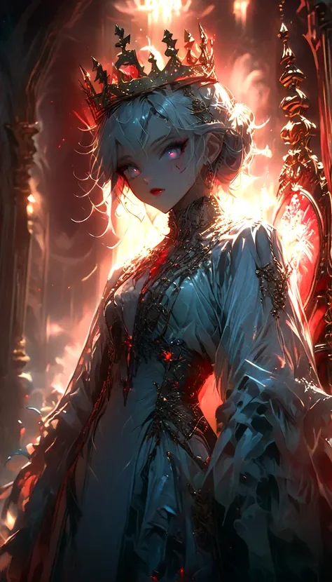 a tomboy Queen, white undercut hairstyle, gold crown, sitting on throne, silver dress, red eyeshadow, grey eyes, intricate details, highly detailed, chiaroscuro lighting, dramatic lighting, cinematic, epic, fantasy, elegant, regal, powerful, confident, com...