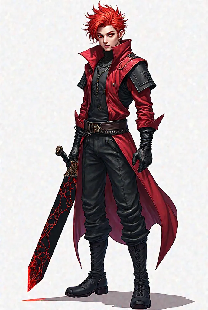 Designing a game character for a young man with red hair with red eyes holding a black sword with red cracks of short stature with a white background and showing the full character 