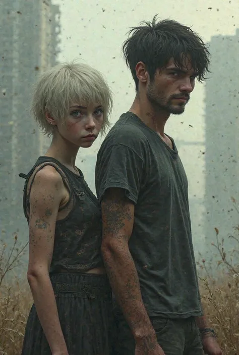 Generate a book cover image of a post-apocalyptic dystopian world with a girl with pale skin, Short Hair, thin build and gray eyes, and a tall boy, strong, with scars on his arms and a little dark-haired fighting together in the apocalypse