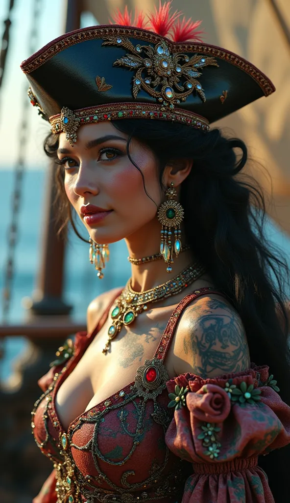 PIRATE SHIP ON THE HIGH SEAS AND ETERIAL PIRATE GODDESS WITH HAT OR SCARF with jewel embellishments, fantastic realistic embellishments, intricate details, rubies, fire opals, agates, neck, arms, earrings, All very intricate, Originality, Full length plant...