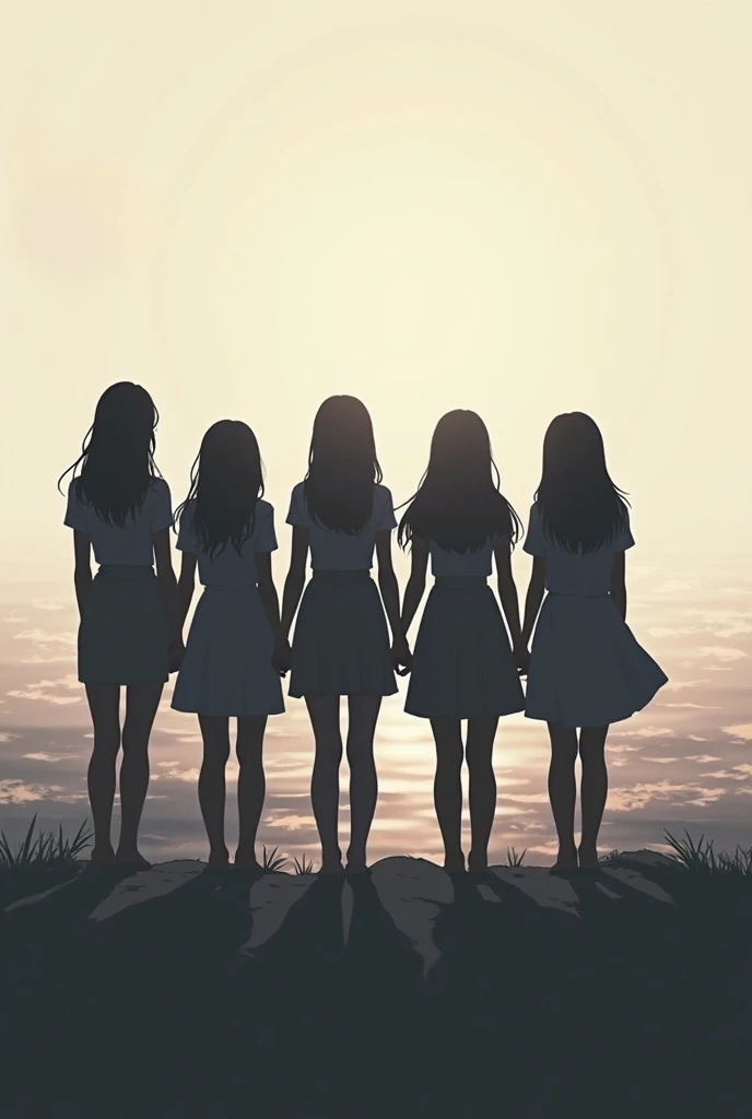 Create the following image the silhouette of a group of 5 18-year-old girls, all the same size almost and holding hands in front of an ocean or beach