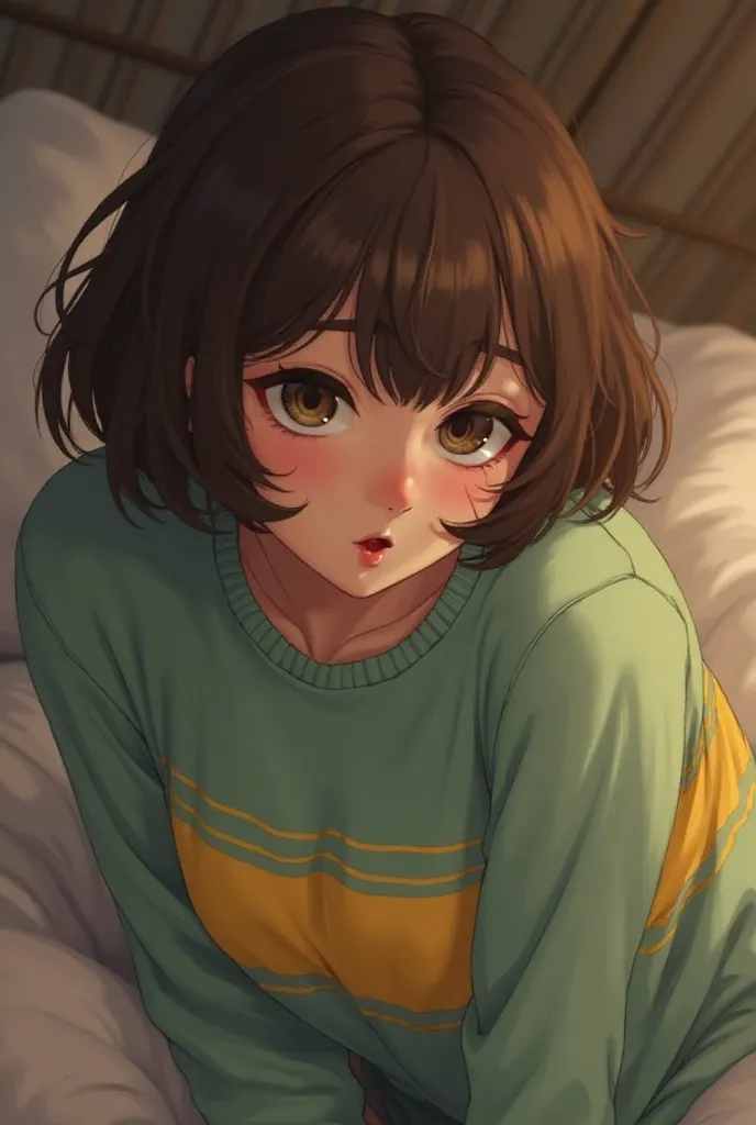 A  girl in a light green sweater with a yellow stripe on her chest and brown hair with a bob haircut is having sex