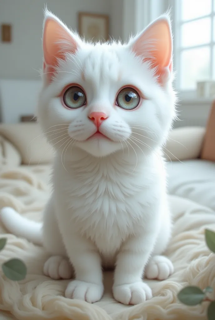 The image of a white cat looking at us sweetly and cutely in a soft environment,modern, hyper-realistic, ultra-detailed, 4K,high quality, high resolution,