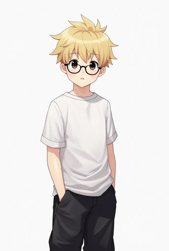 A  boy, JUVENILE BLOND MALE WITH BLACK EYES,   light blond hair glasses ,   pale skin , wearing black baggy pants , And a white shirt illustration/style/anime version, small pupil,  white background, Bottomless, empty background, Without scenario