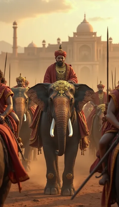 Photorealistic, ultra-HD 8K image of Emperor Ashoka’s grand Mauryan army. War elephants with golden armor, cavalry charging, and foot soldiers in traditional Indian war attire. Each warrior’s face is sharp and detailed, showing emotions of battle. A grand ...