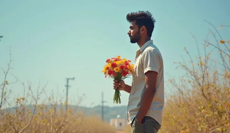 A mature young man, like an Indian youth, stands with a bunch of kadam flowers in his hand, looking back, waiting for his beloved, the weather is like autumn, with clear blue skies and a spring breeze.