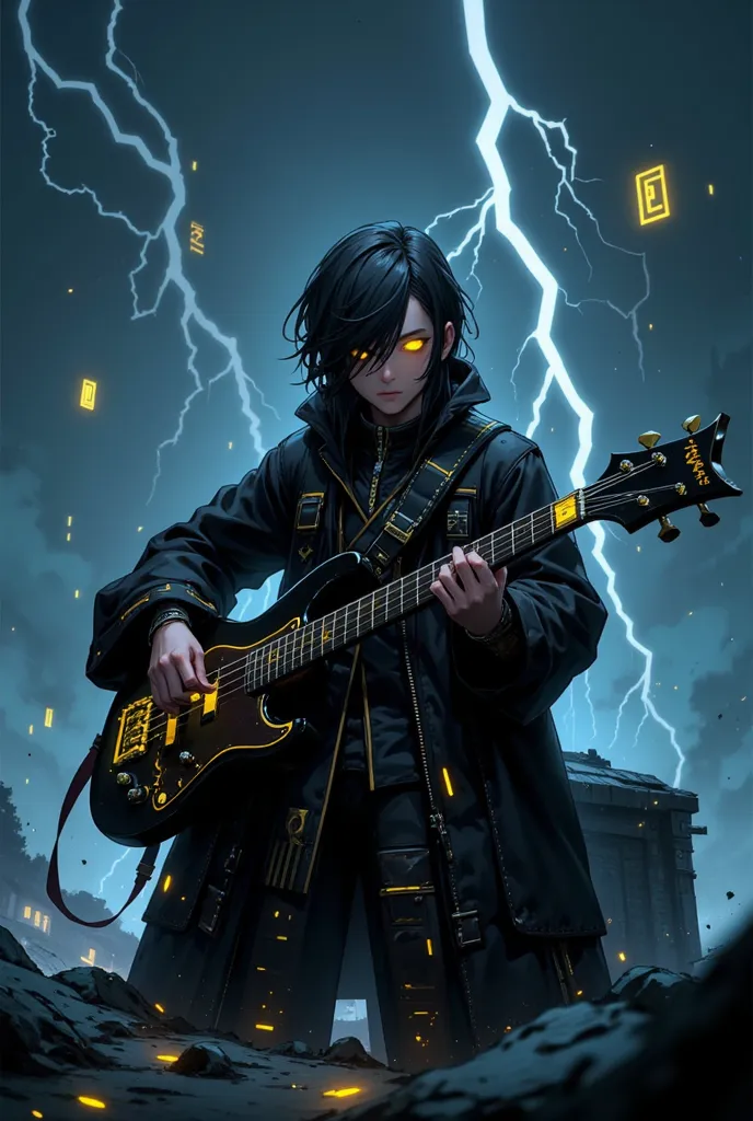  male in his 40s、Beardless、Long Haired Ashime、has yellow light lines on my clothes、Carrying a bass guitar、The background is evening、 cyber、around one eye、sign with lightning all around me、My eyes are shining yellow、Clothes are visual、The bangs cover one ey...