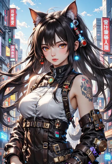 anime girl with long hair and cat ears in a city, digital cyberpunk anime art, cyberpunk anime girl mech, female cyberpunk anime girl, cyberpunk anime girl, anime cyberpunk art, cute cyborg girl, digital cyberpunk - anime art, cyberpunk anime art, oppai cy...