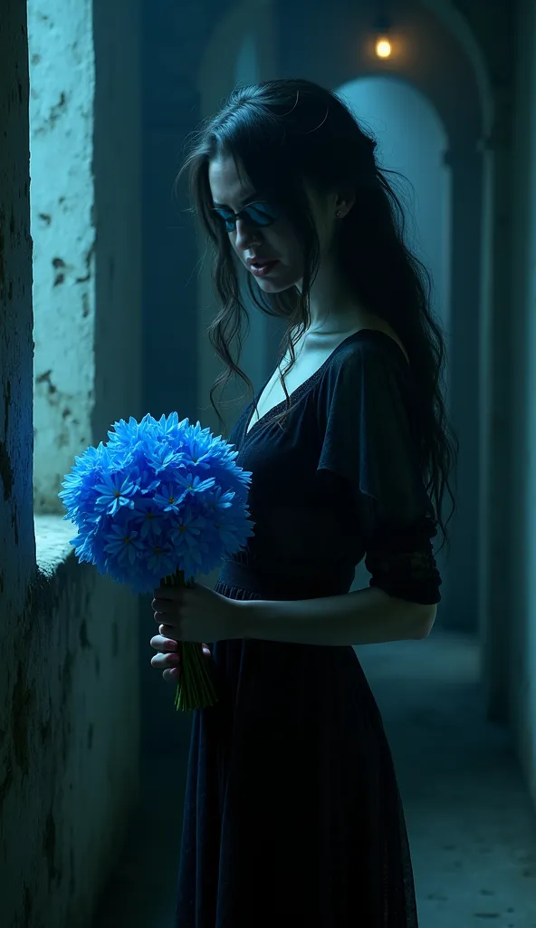 Nadine woman in the haunted corridor holding a blue bouquet