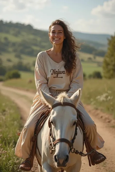 Imagine une femme nommée Najwa, vêtue d'une robe simple et légère, montant un âne dans la campagne verdoyante. Le nom "Najwa" est inscrit sur son vêtement, avec une écriture claire et délicate, ajoutant une touche personnelle à son apparence. Elle sourit, ...