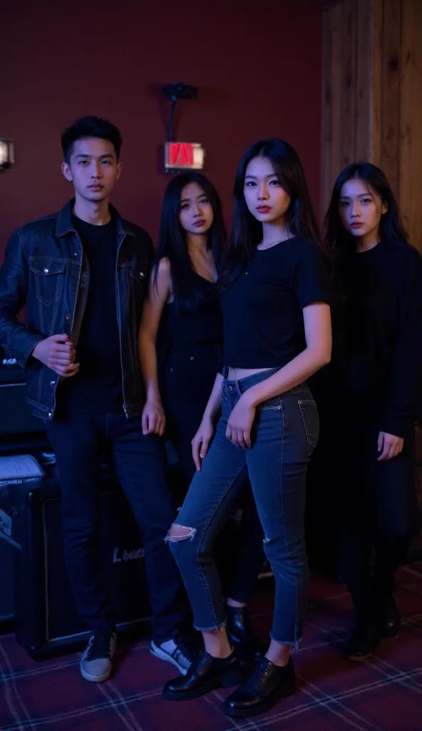 [Four Asian musicians in their 20s; 1 man: He has; short, slightly spiky black hair style, wearing a black t-shirt, jeans jacket. hair cut short. 1 woman with long, wavy black hair, wearing dark trousers. The clothes have a contemporary feel, a little edgy...