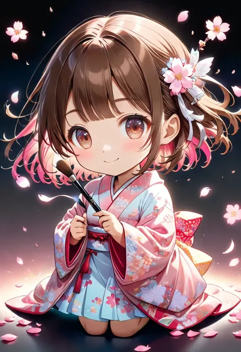 A highly detailed Dreamy fantasy anime-style illustration of Chibi-Style, vivid Copic marker anime illustration, maintains a 3:1 head-to-body ratio, (adorable and elegant immature chibi girl:1.3), (soft rounded bob-cut chestnut brown hair:1.3), (gentle cur...