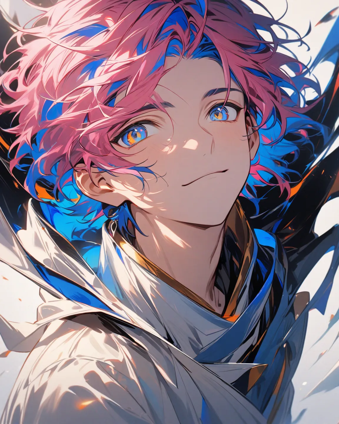 man and 、Pink hair、 blue eye、Blue Hair、Golden Eye、full body、fun atmosphere、smile、 expressionless、simple background