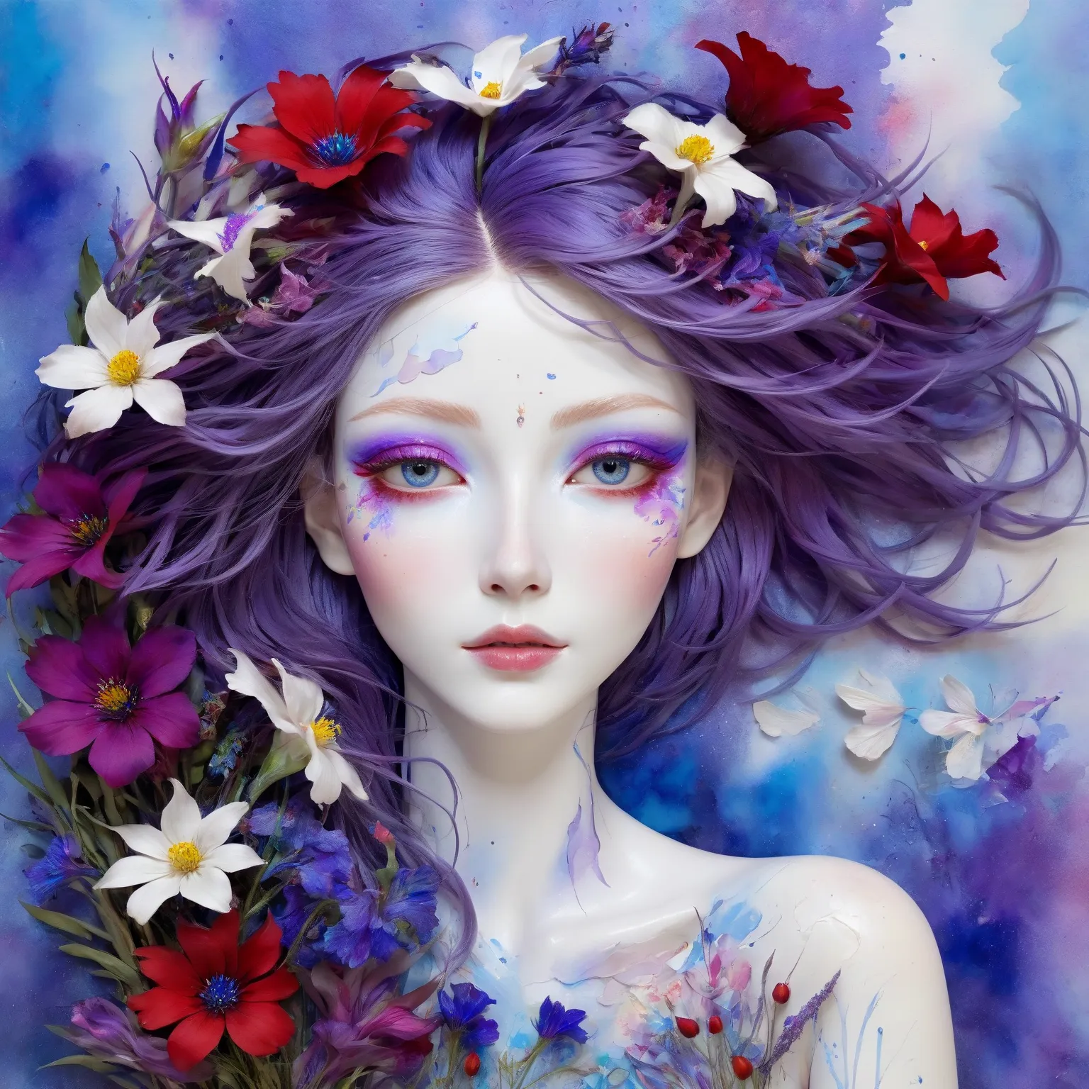 An androgynous or feminine figure with pale skin and subtle cracks, recalling broken porcelain. Her gaze is ethereal, distant,  with clear and expressive eyes . The face is surrounded by vibrant flowers in shades of purple,  Blue and red , that seem to ble...